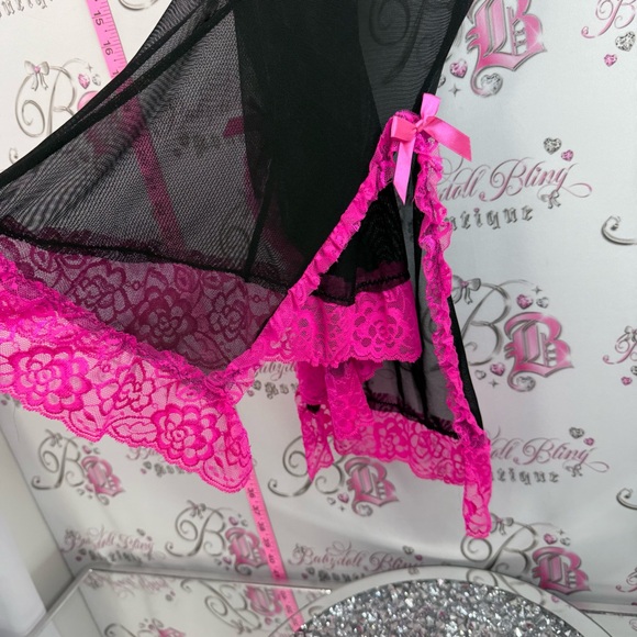 B delicious mini dress Sheer Black Chemise with Pink Lace Trim Elegant Nightwear - Picture 11 of 15